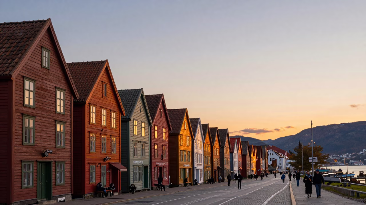 Bergen Street Scene at As The Sun Drops Toward The Horizon in in Bergen, Norway