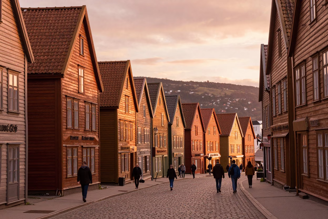 Bergen Street Scene at Copper-toned Light Before Dusk in in Bergen, Norway
