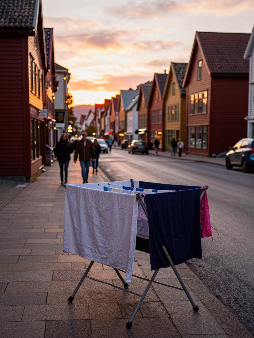Bergen Street Scene at Sunset Light in in Bergen, Norway