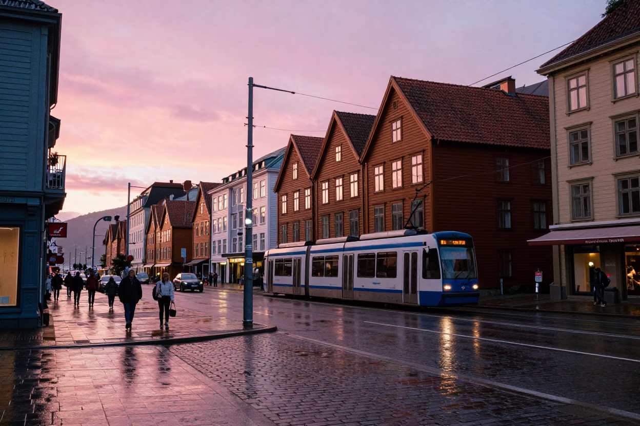Bergen Street Scene at Sunset Light in in Bergen, Norway