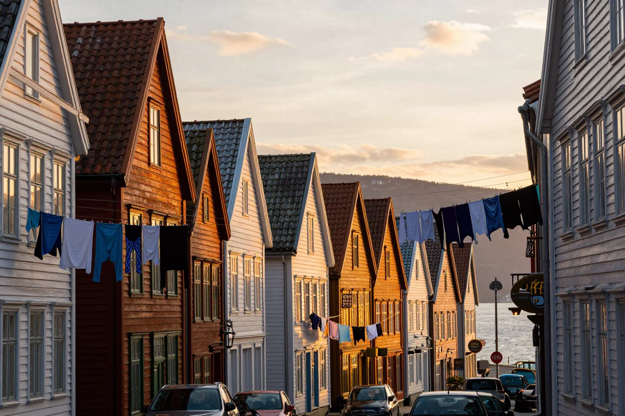 Bergen Street Scene at Sunset Light in in Bergen, Norway