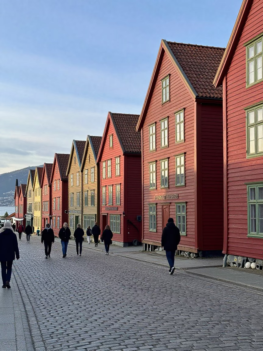 Bergen Street Scene at The Early Afternoon Light in in Bergen, Norway