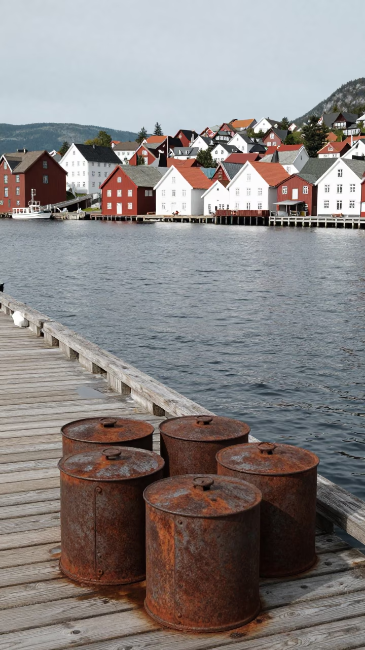 Bergen Waterfront Wharf at The Flat Glare Of Noon Light in in Bergen, Norway