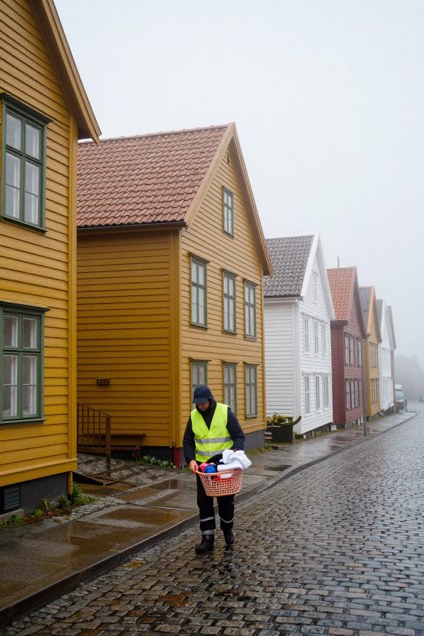 Bergen Worker at Dawn Light in in Bergen, Norway
