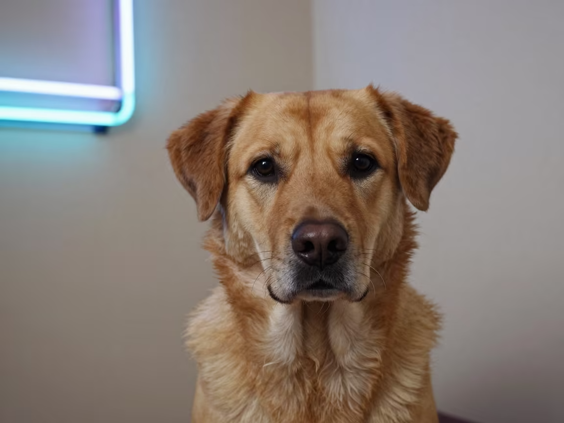 Berger Picard Portrait in Neon Indoor Light in beside a plain plaster wall in soft indoor light with the animal centered in frame near Oujda