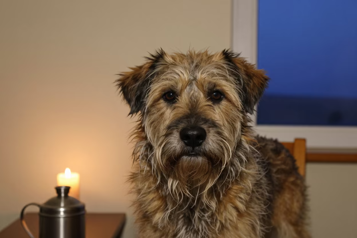 Berger Picard Portrait in Warm Candlelight in in a quiet portrait studio with a plain backdrop and eye-level framing in Dushanbe