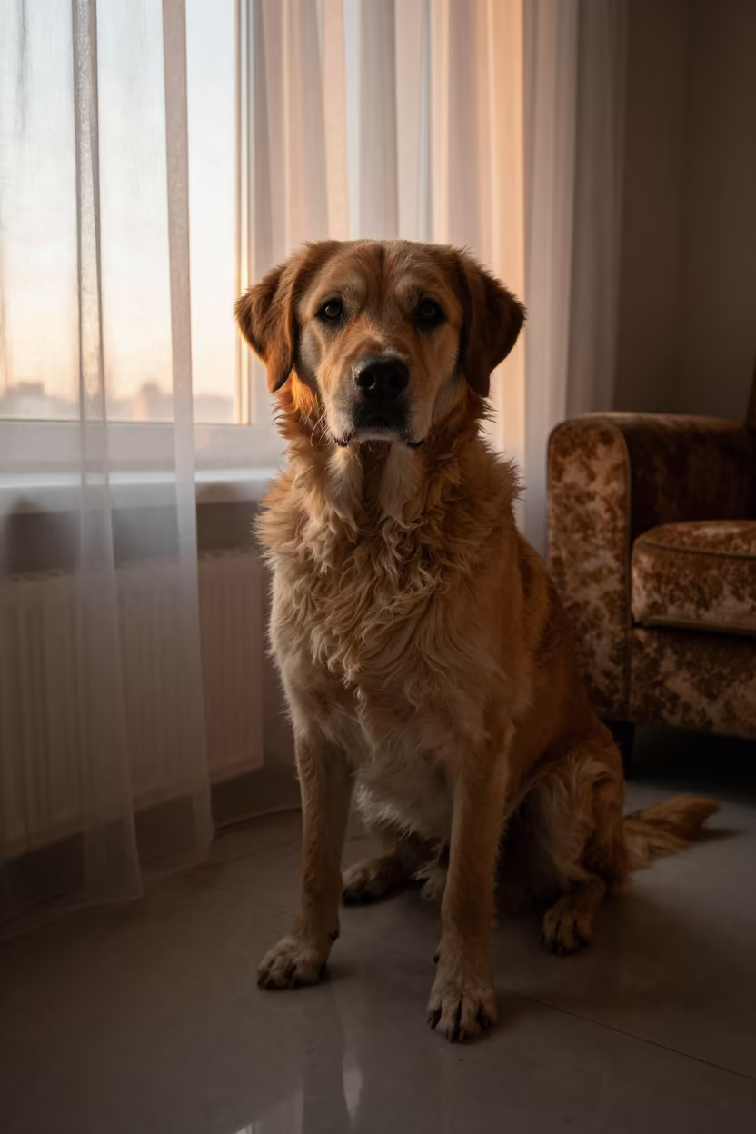 Berger Picard Portrait Near Window in Nukus Home in on a sofa near a curtained window with calm indoor light in Nukus