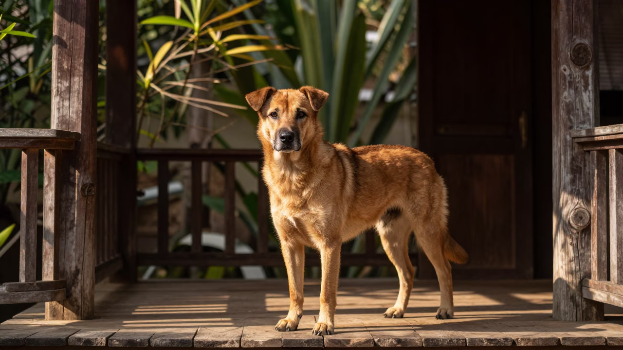 Berger Picard Portrait on Chiang Mai Porch in on a shaded front porch with boards, railings, and eye-level framing in Chiang Mai
