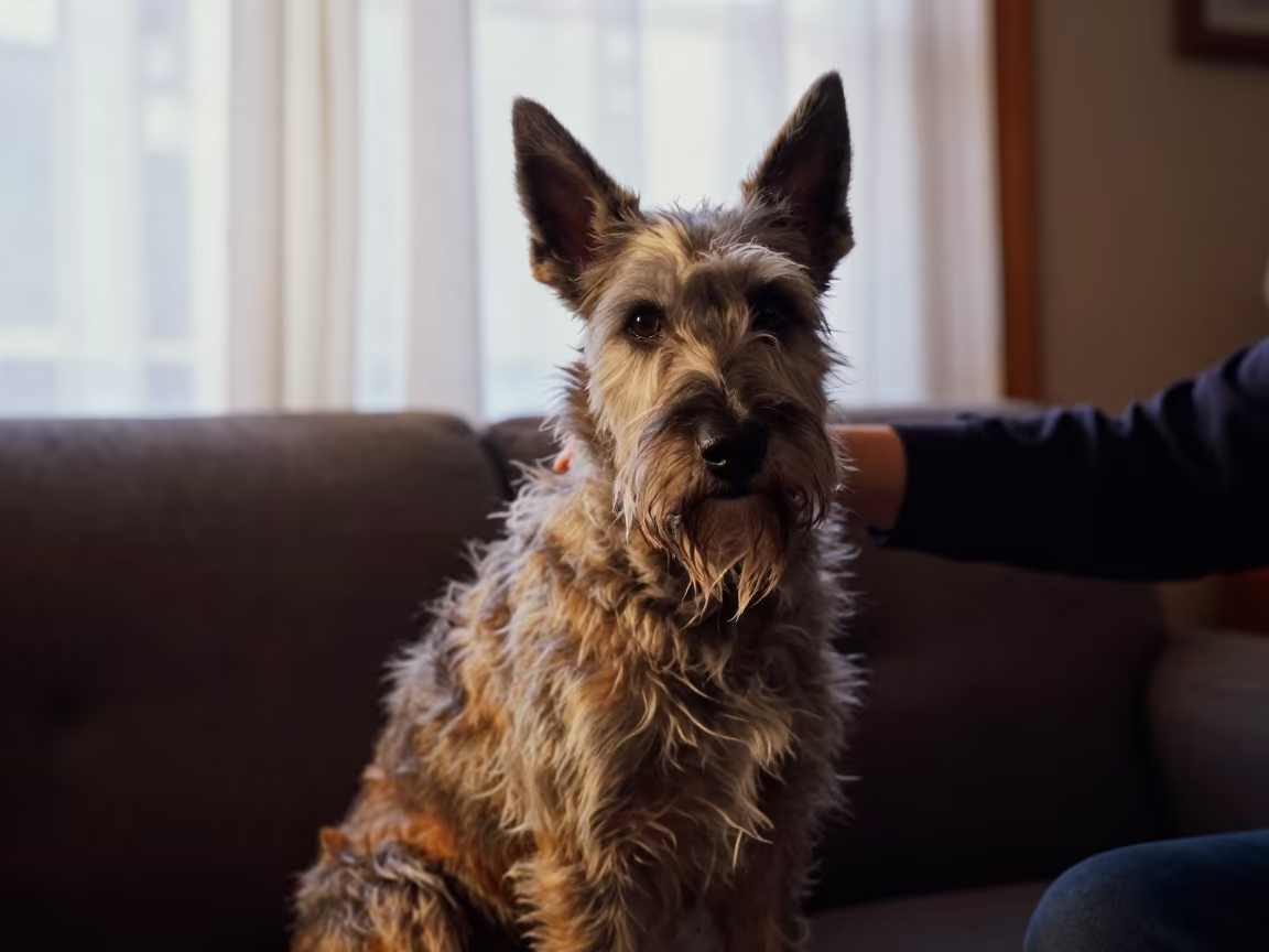 Berger Picard Portrait on Sofa in Moscow Winter in on a sofa near a curtained window with calm indoor light in Moscow