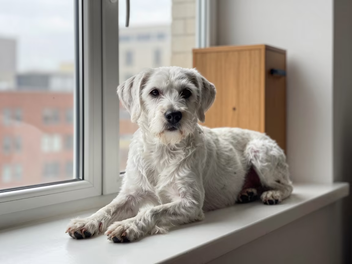 Berger Picard Resting on Apartment Window Seat in on a window seat in a quiet apartment with soft side light in Pittsburgh