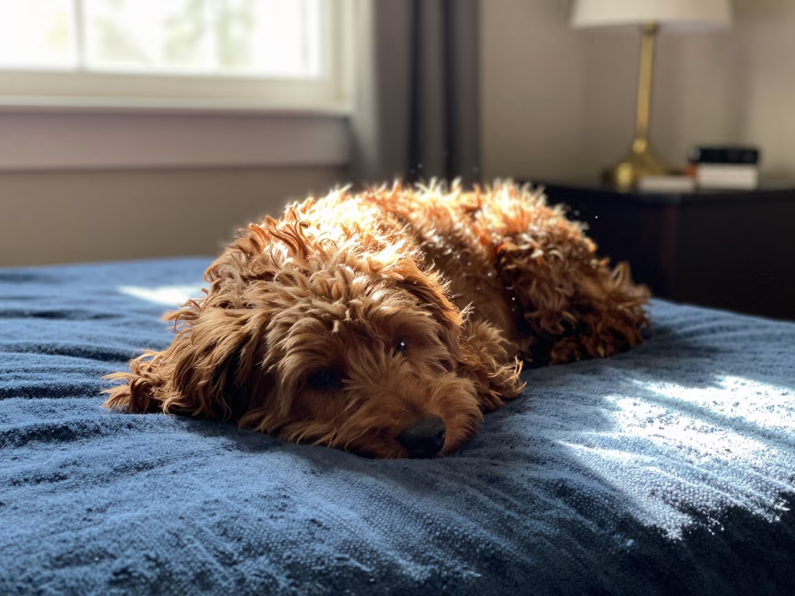 Berger Picard Resting on Bedspread in Genoa Window Light in on a bedspread near a bright window with calm indoor light in Genoa