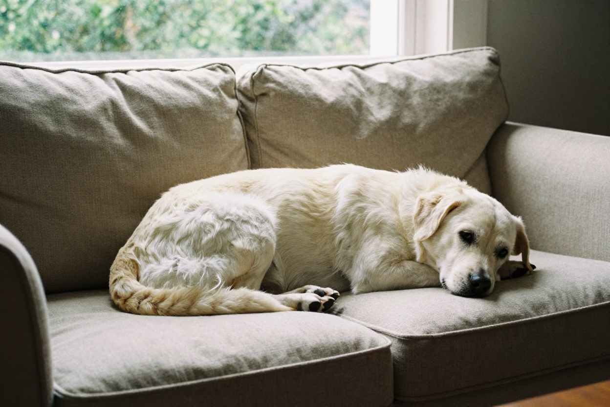 Berger Picard Resting on Linen Sofa in Makassar Light in on a linen sofa with daylight from a nearby window near Makassar