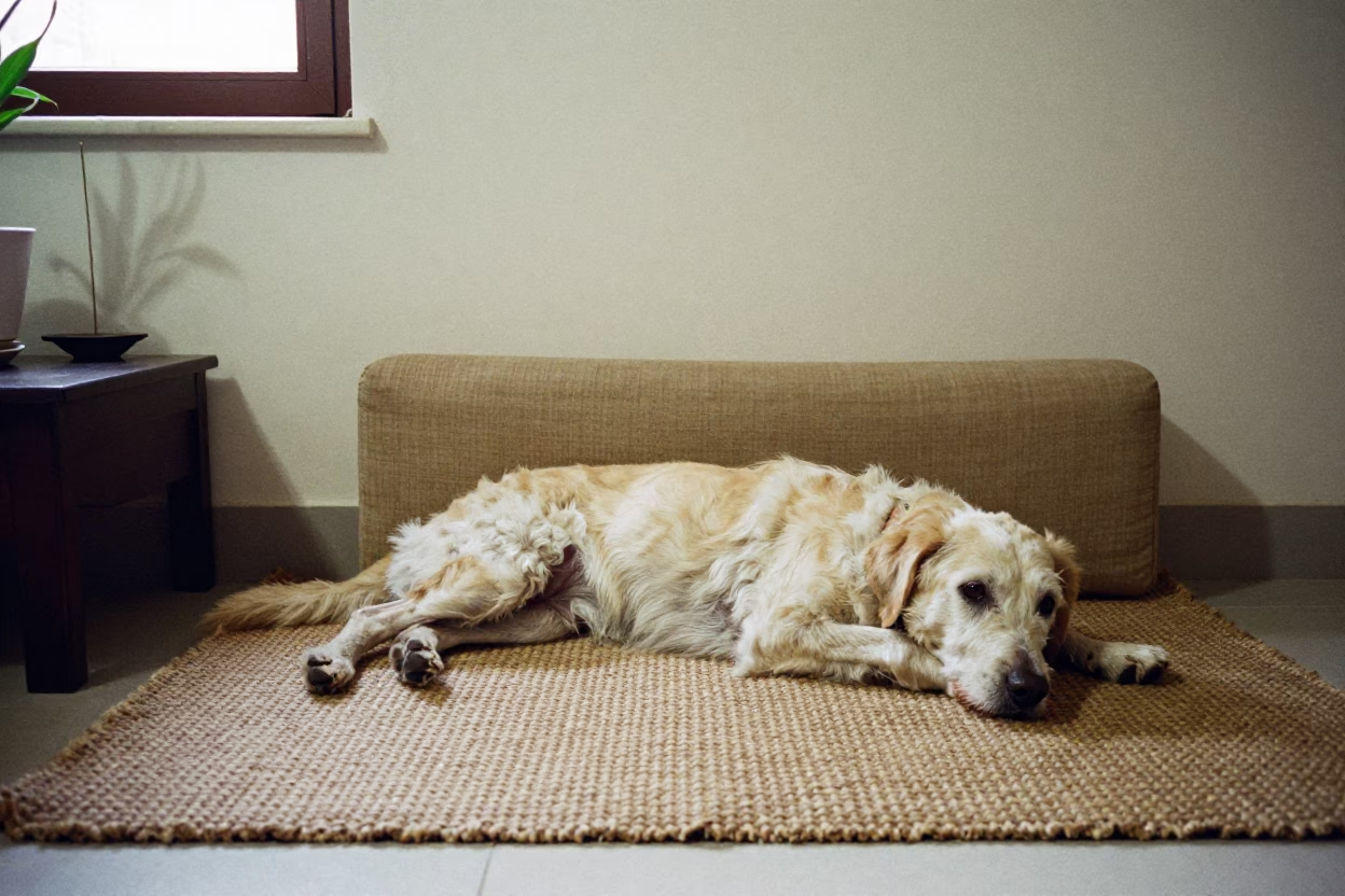 Berger Picard Resting on Woven Rug Near Menouf in on a woven rug beside a low couch and an uncluttered wall near Menouf