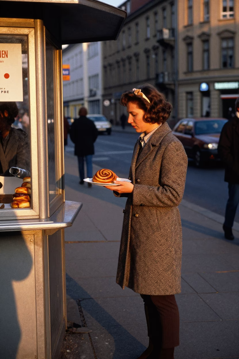 Berlin 1970s Evening Street Scene with Kanelbullar and Urban Life in in Berlin, Germany