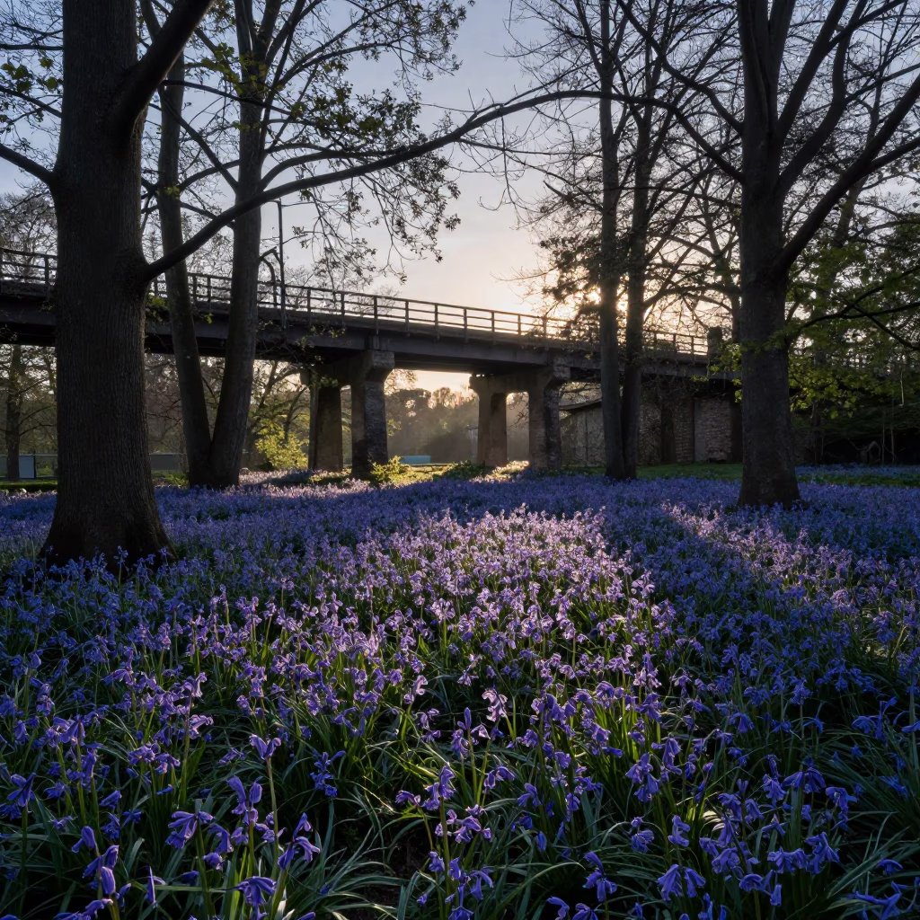 Berlin Allotment Gardens Pre-Dawn Viaduct Shadow and Bluebell Carpet After Rain in in Berlin, Germany