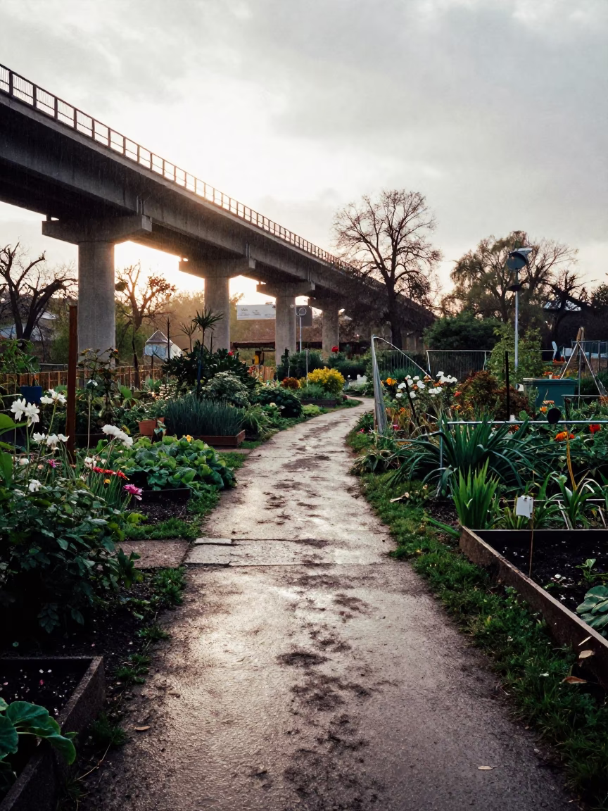 Berlin Allotment Gardens Under Viaduct Shadow After Rain in in Berlin, Germany