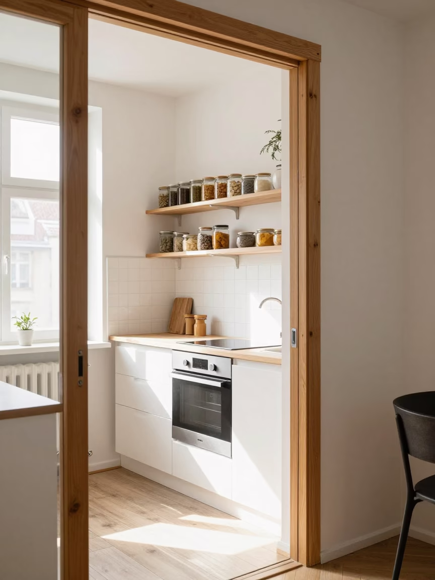 Berlin Apartment Interior Kitchen Shelves and Doorframe in Bright Midmorning Light in in Berlin, Germany