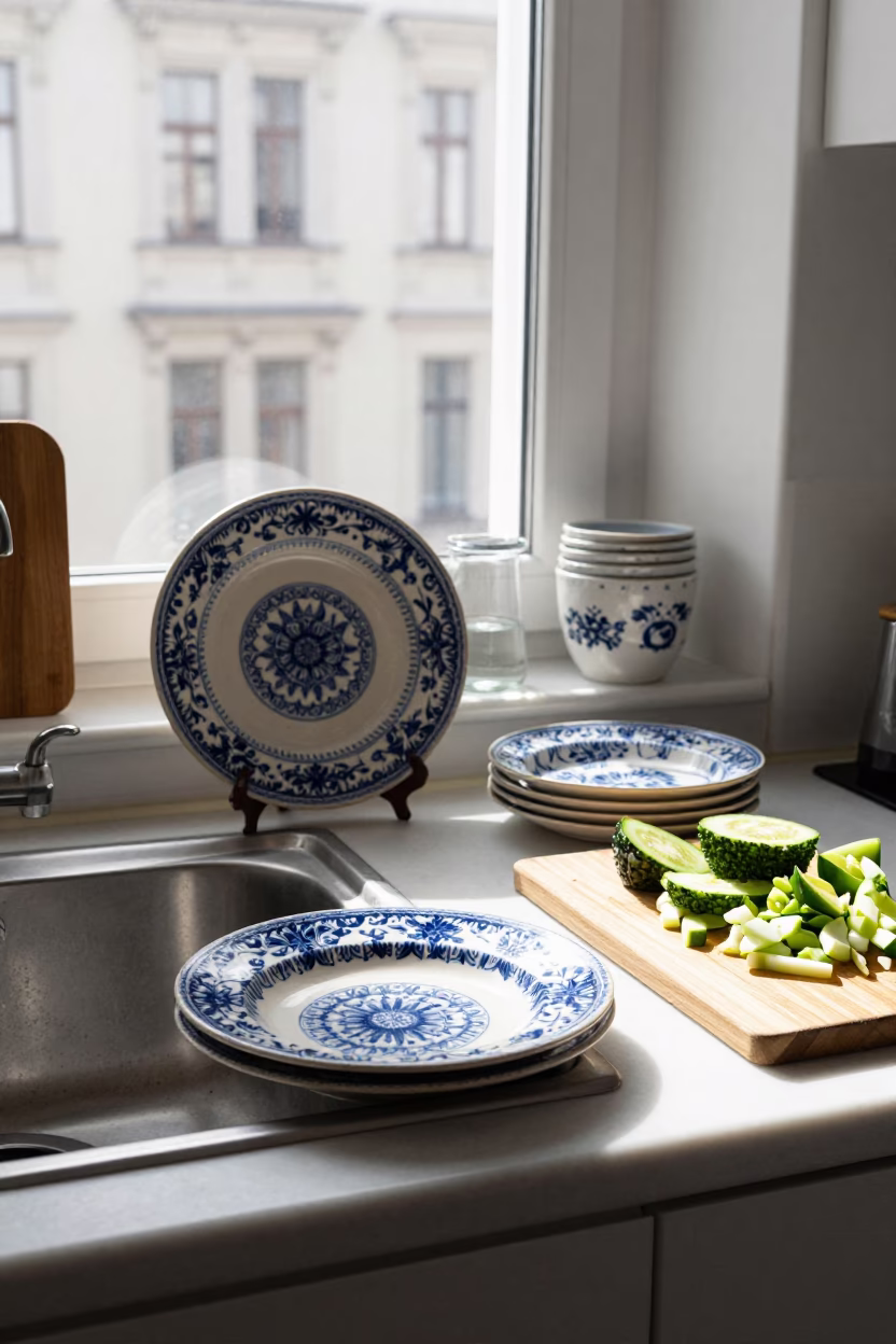 Berlin Apartment Kitchen Afternoon Light on Vintage Italian Plates in in Berlin, Germany