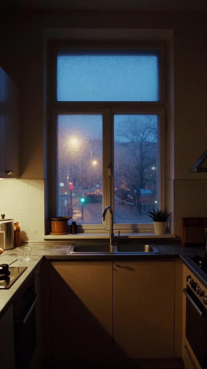 Berlin apartment kitchen at night with fogged window and cracked stucco in in Berlin, Germany
