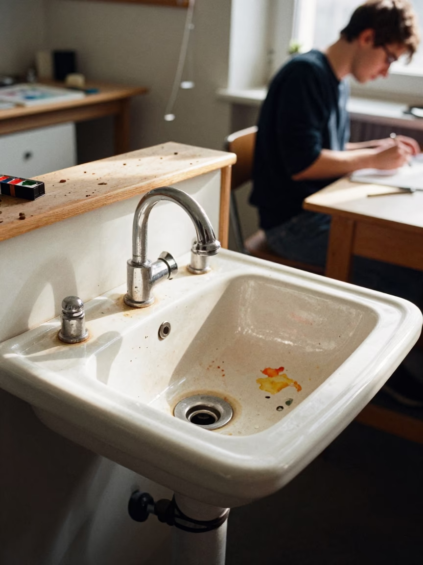 Berlin Art Classroom Sink Stained With Watercolor Under Flat Noon Light Realistic Photograph in in Berlin, Germany
