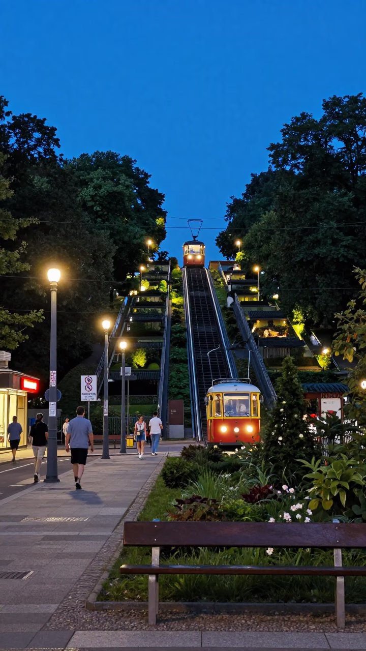 Berlin Berlin Germany Blue Hour Street Scene with Funicular and Garden Benches in in Berlin, Germany