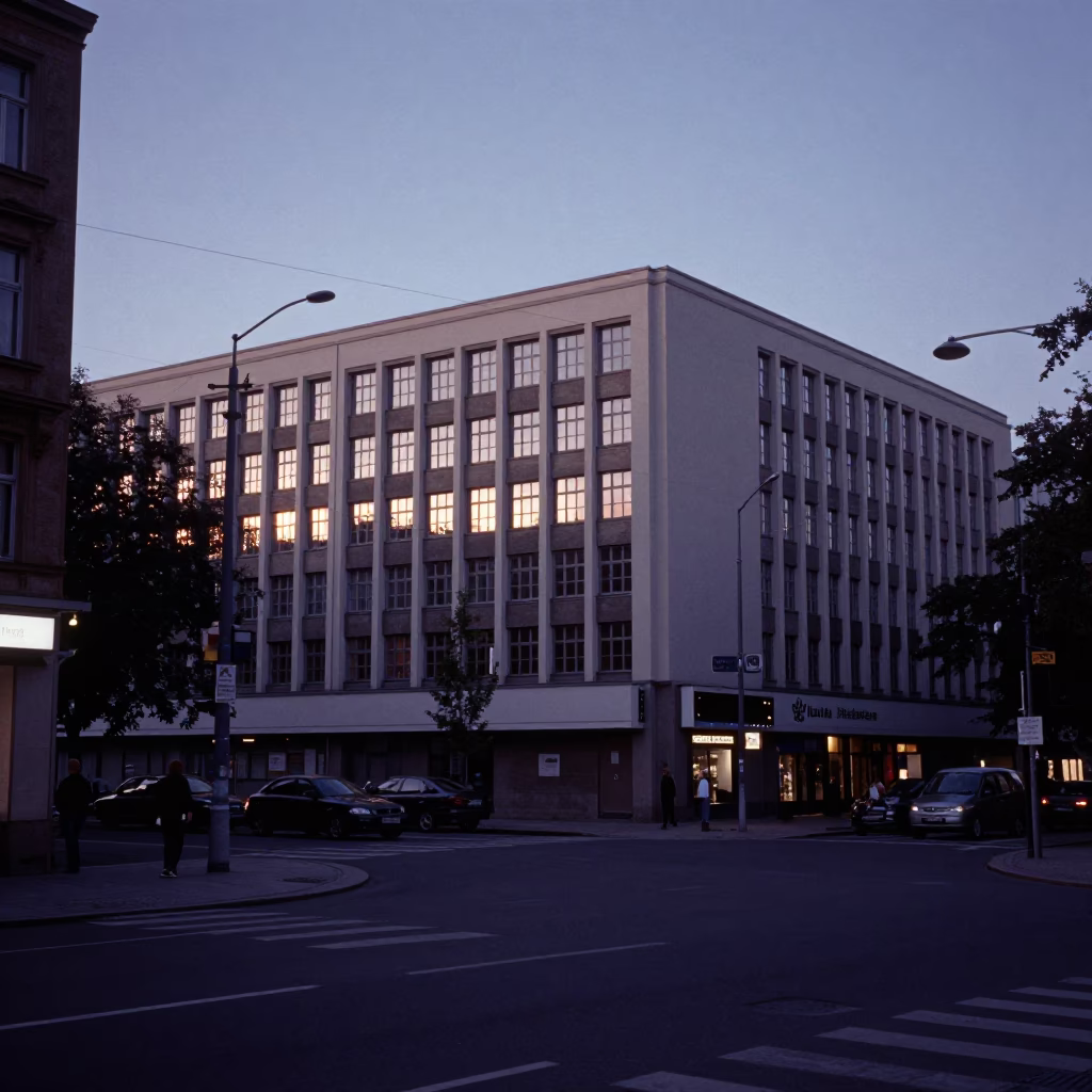 Berlin Berlin Germany Indigo Twilight Street Scene with Bauhaus Architecture and Urban Life in in Berlin, Germany