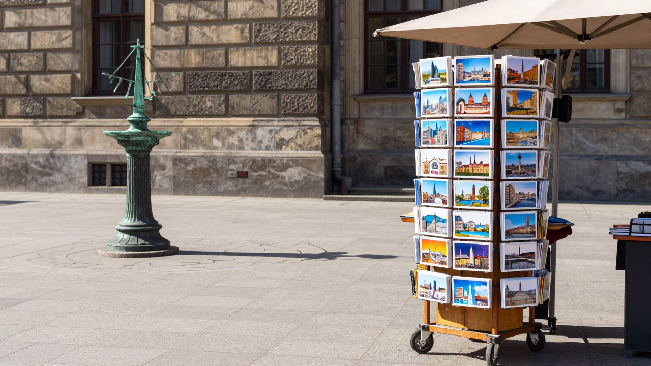 Berlin Berlin Germany Midmorning Street Scene with Postcards and Sundial in in Berlin, Germany