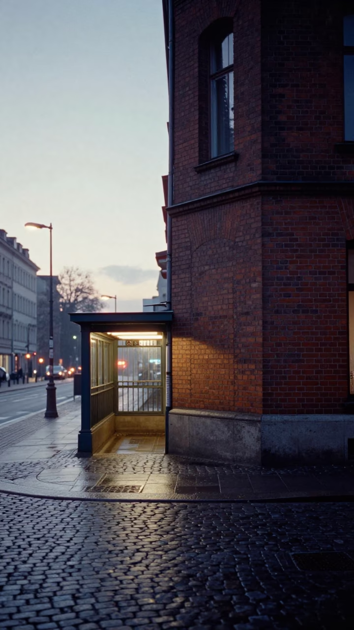 Berlin Berlin Germany Sunrise Before Dawn Street Scene with Brick Wall and Wet Pavement in in Berlin, Germany