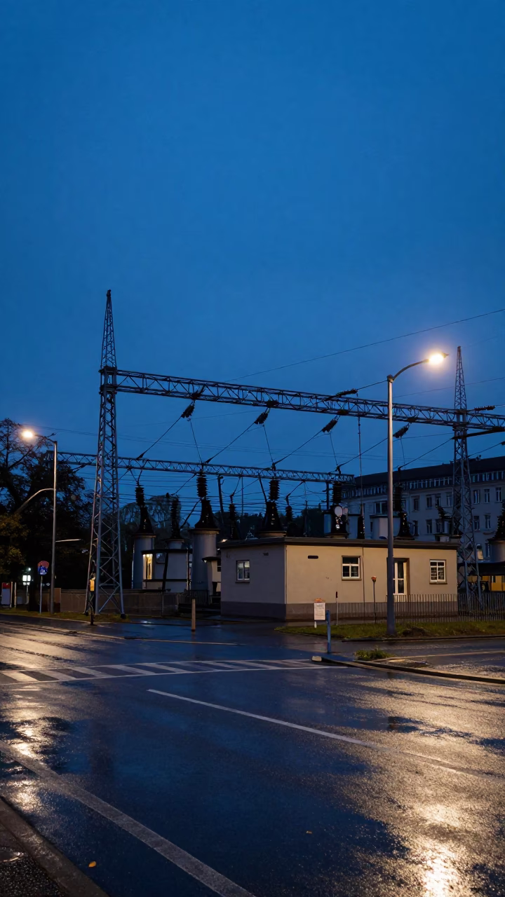 Berlin Berlin Germany Twilight Street Scene with Power Substation and Urban Infrastructure in in Berlin, Germany