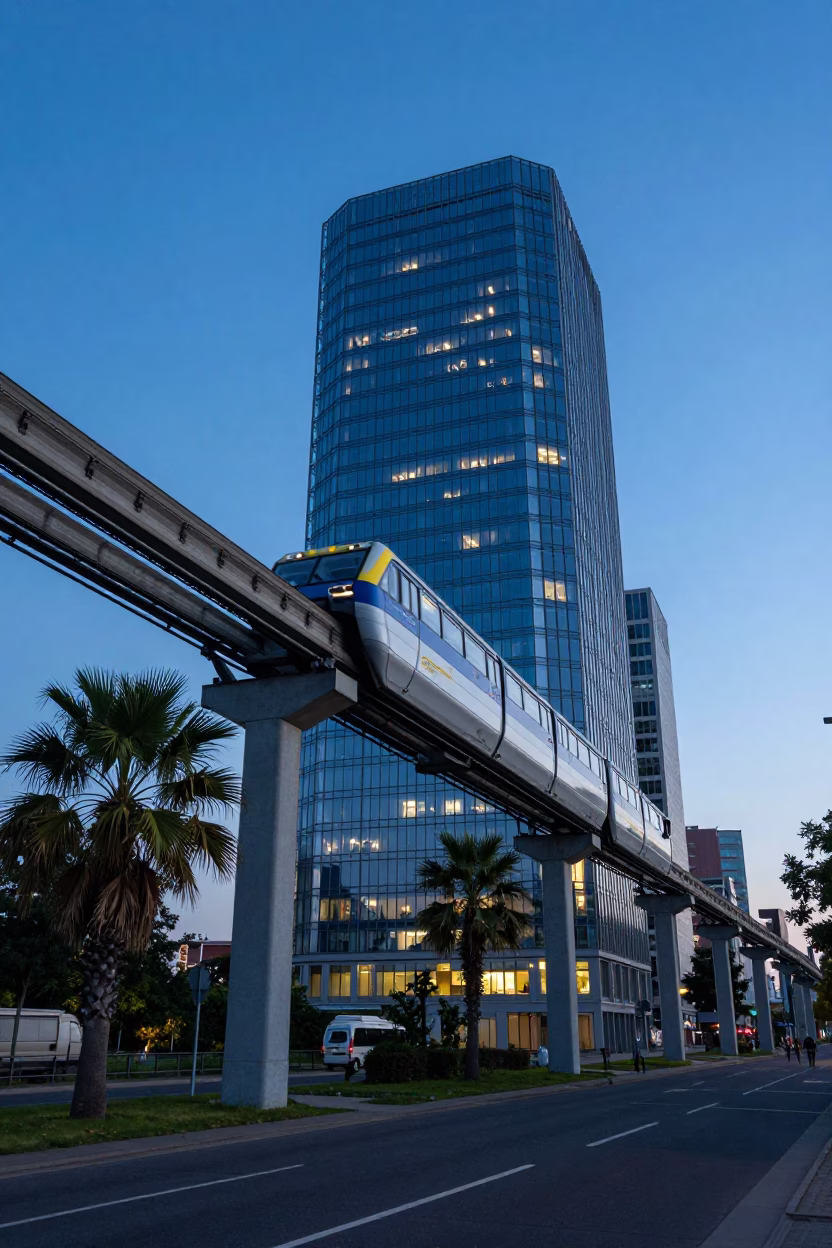 Berlin Blue Hour Monorail Gliding Past Palm Trees and Glass Towers in in Berlin, Germany