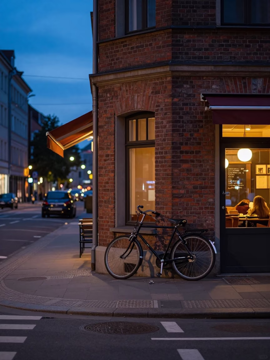 Berlin Blue Hour Street Scene with Bicycle and Cafe Exterior in in Berlin, Germany