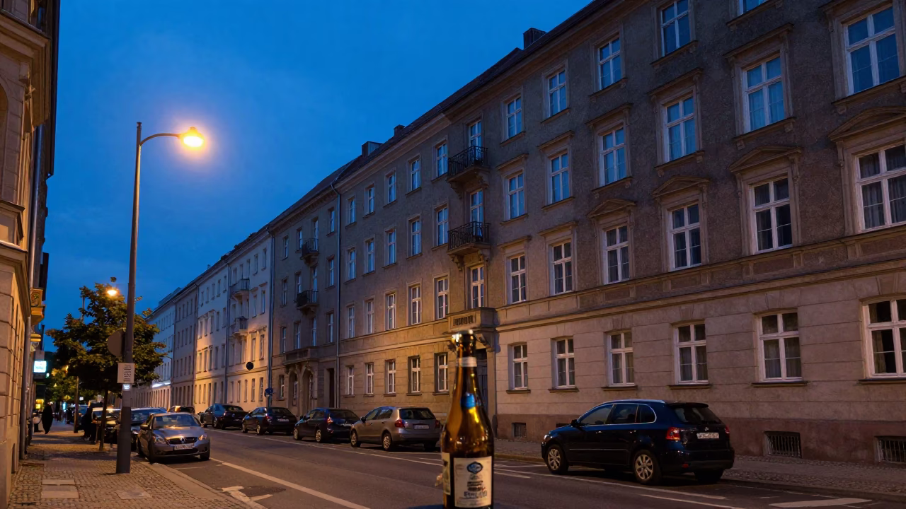 Berlin Blue Hour Street Scene with Bottle and Urban Architecture in in Berlin, Germany