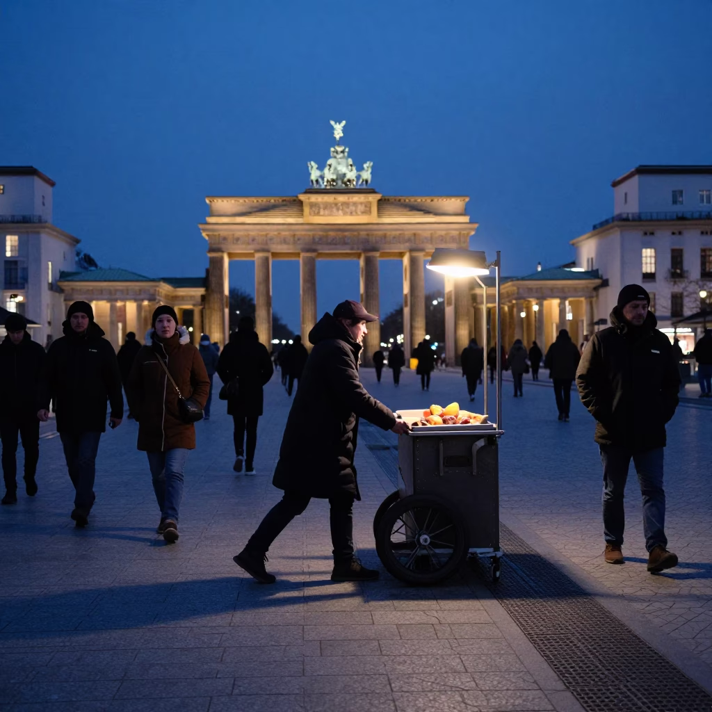 Berlin Blue Hour Street Scene with Night Light and Caster Wheel Details in in Berlin, Germany