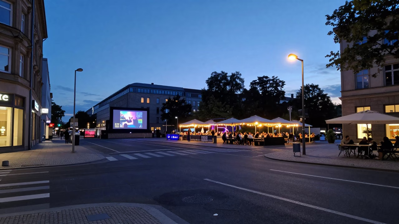 Berlin Blue Hour Street Scene with Outdoor Cinema and Urban Architecture in in Berlin, Germany