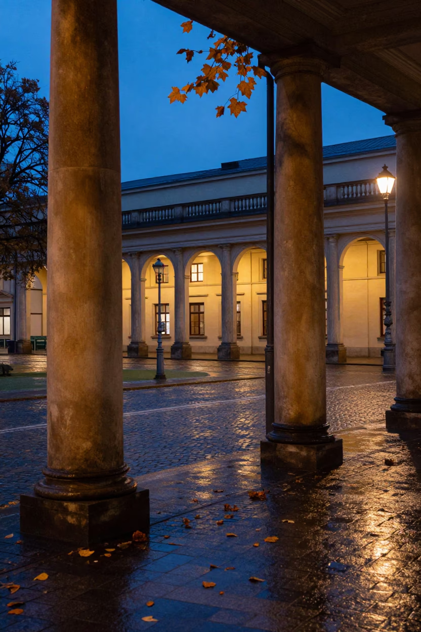 Berlin Blue Hour Street Scene with University Arcade Wet Leaves and Bicycle in in Berlin, Germany