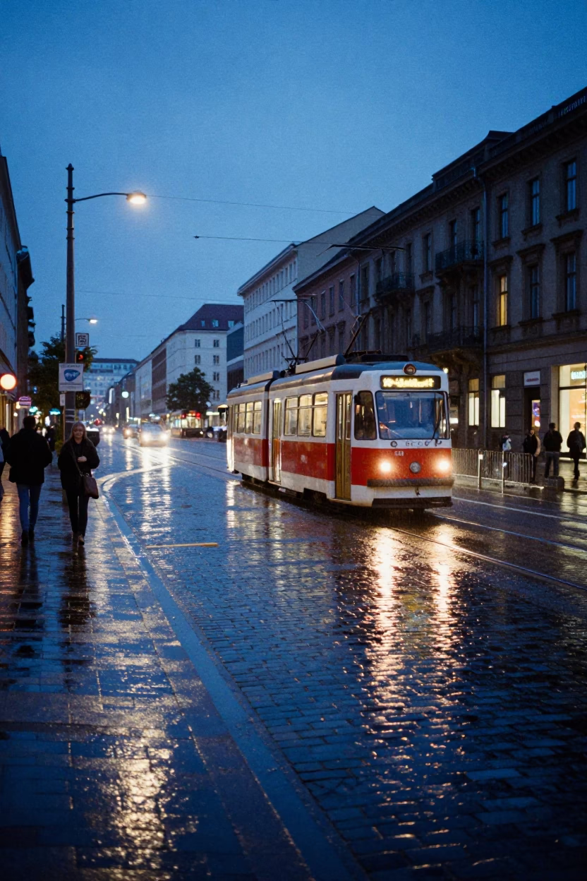 Berlin Blue Hour Street Scene with Vintage Trams and Rainy Atmosphere in in Berlin, Germany