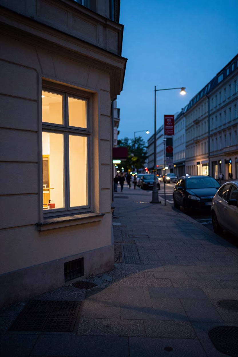 Berlin Blue Hour Street Scene with Window Light and Urban Details in in Berlin, Germany