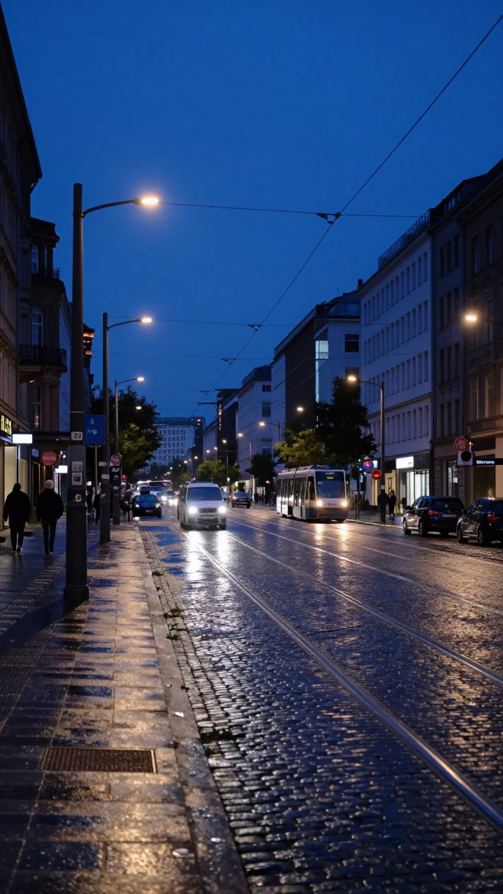 Berlin Blue Hour Urban Street Scene with Tram Lines and Cobblestones in in Berlin, Germany
