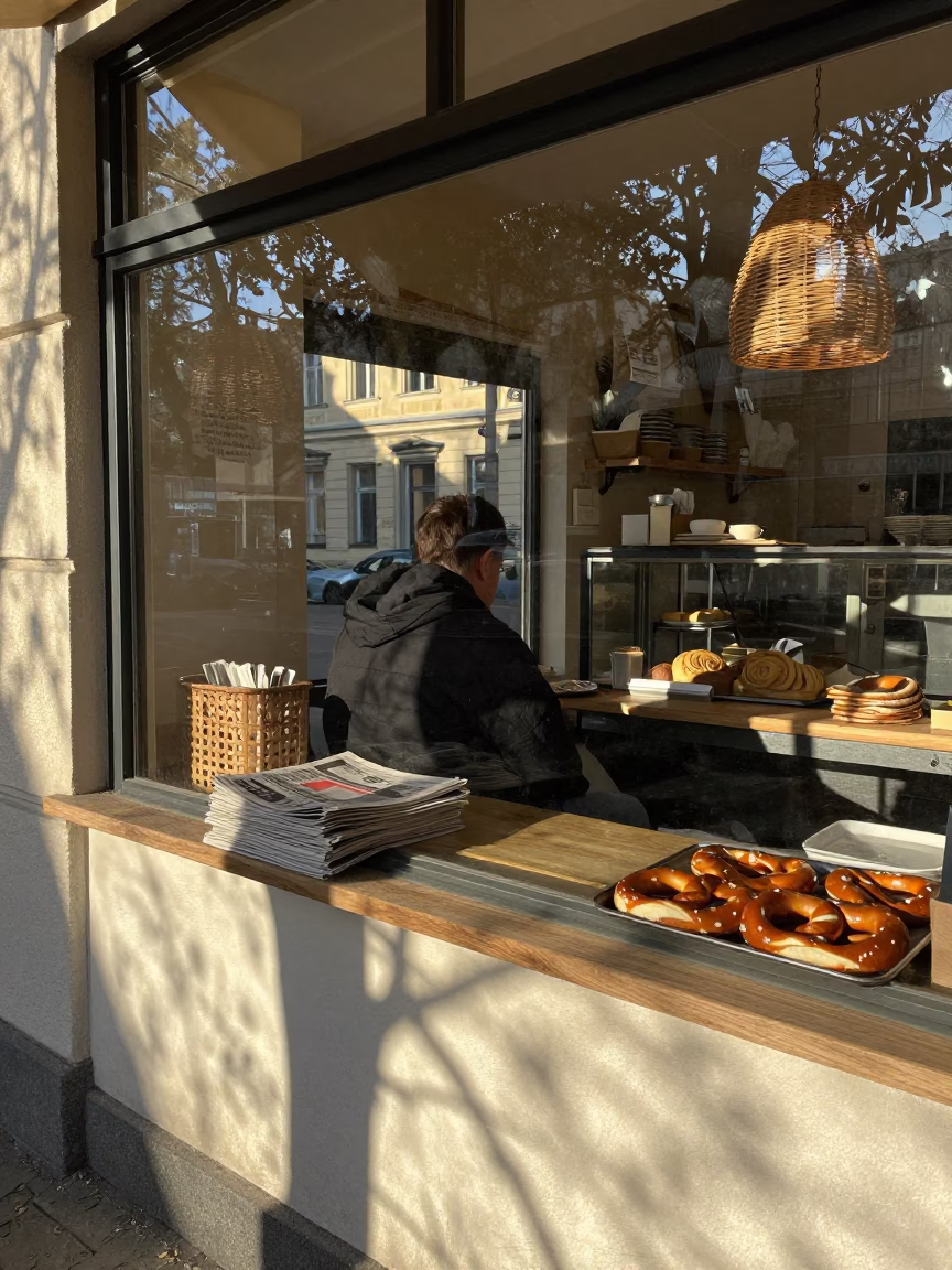 Berlin Breakfast Stand at Dawn with Wicker Shadows and Fresh Pastries in in Berlin, Germany