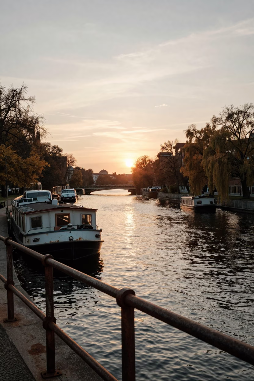 Berlin Canal at Sunset with Houseboat and Autumn Willows Realistic Street Photography in in Berlin, Germany