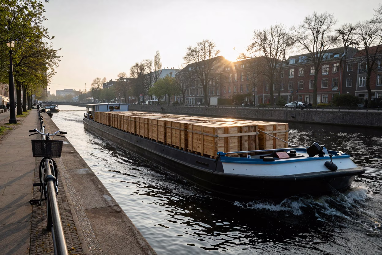 Berlin Canal Barge Cargo Sunrise Street Scene with Bicycle Basket in in Berlin, Germany