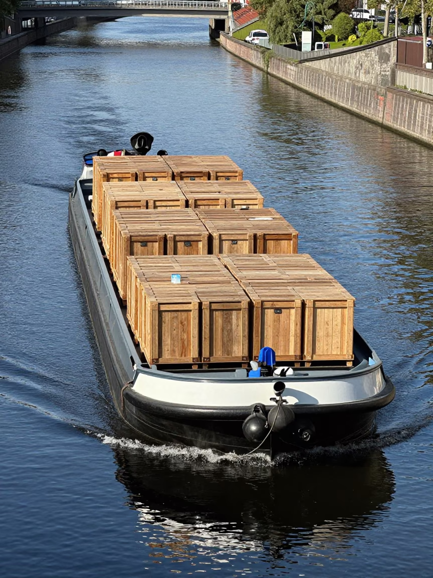 Berlin Canal Barge Loaded with Cargo Under Flat Noon Glare in in Berlin, Germany
