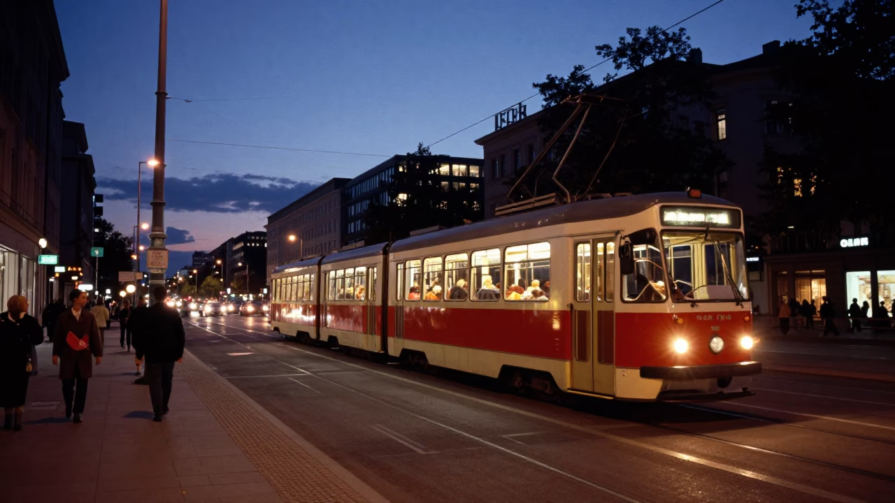 Berlin City Lights Begin to Glow in Classic 1950s Street Scene in in Berlin, Germany