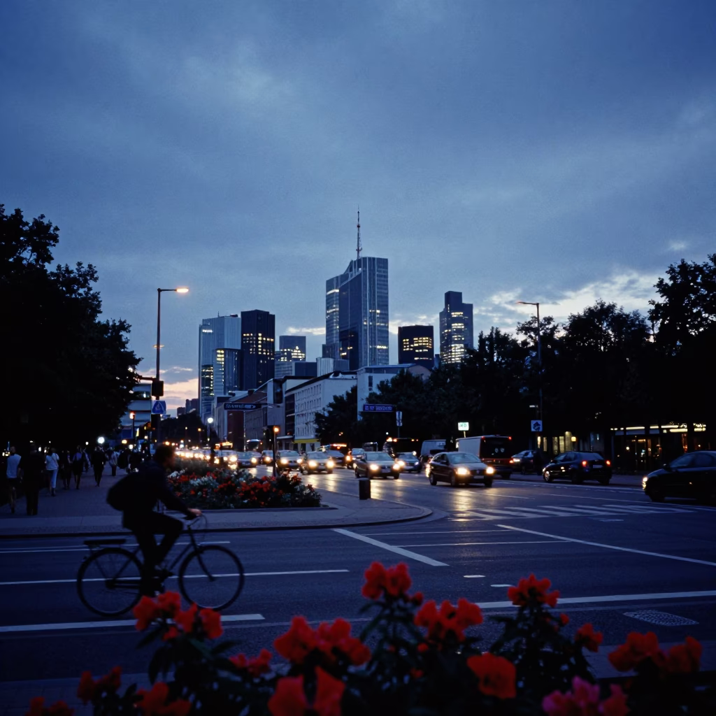 Berlin Cityscape at Indigo Twilight with Cyclist and Flowering Plants in in Berlin, Germany