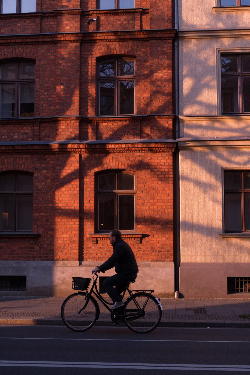 Berlin Copper Dusk Street Scene with Bicycle and Brick Architecture in in Berlin, Germany