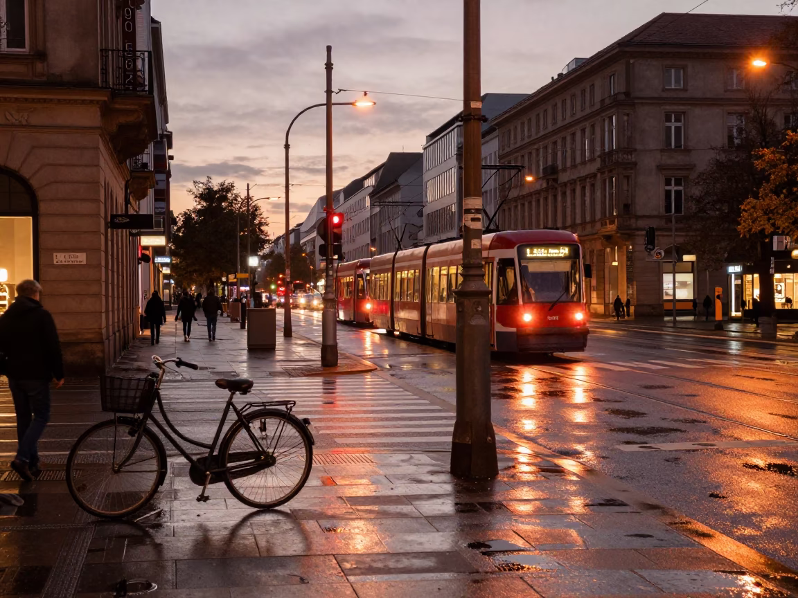 Berlin Copper Dusk Street Scene with Bicycle and Tram Tracks in in Berlin, Germany
