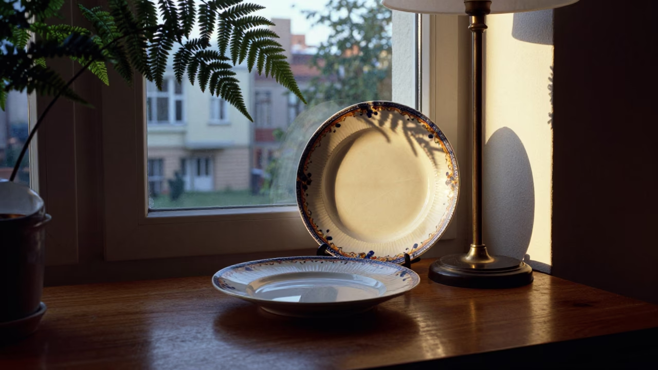Berlin Dawn Light on Vintage Majolica Plate and Fern Fronds in Quiet Apartment in in Berlin, Germany