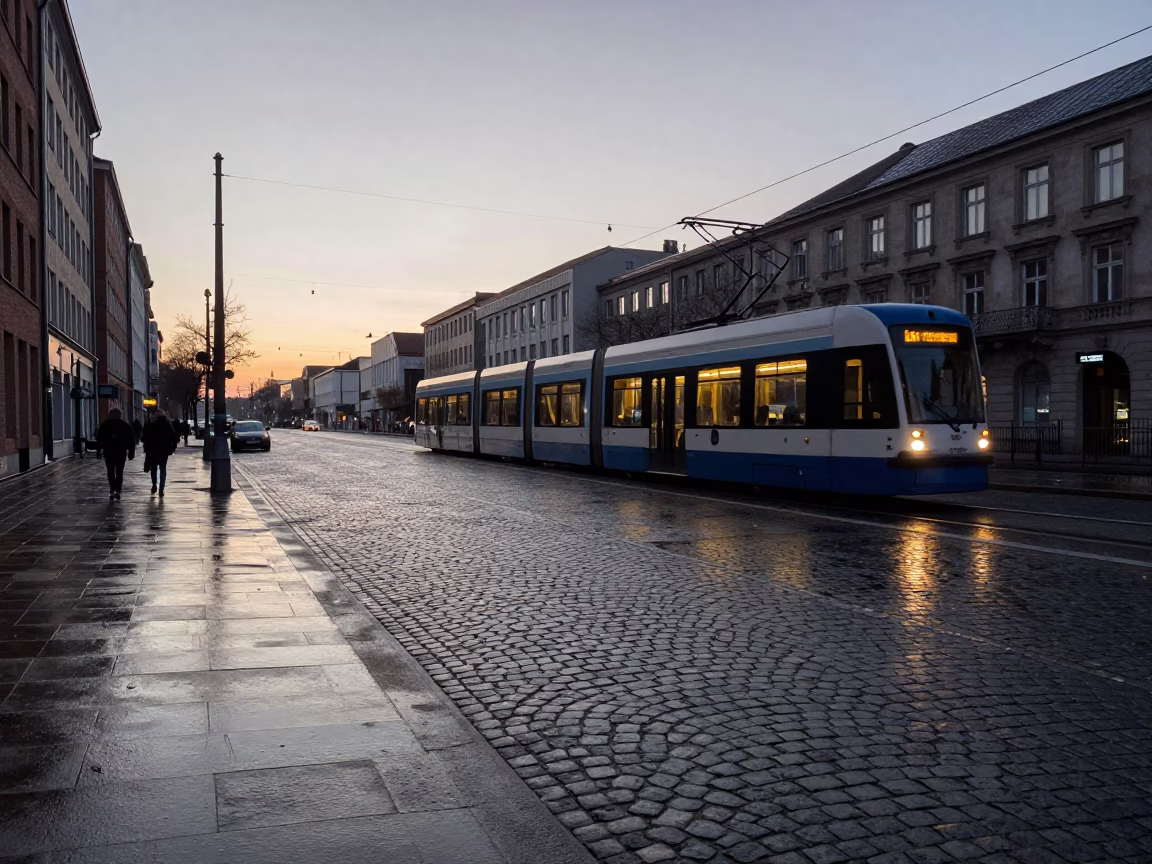 Berlin Dawn Reflections on Cobblestone Street with Tramcar and Rain Puddles in in Berlin, Germany