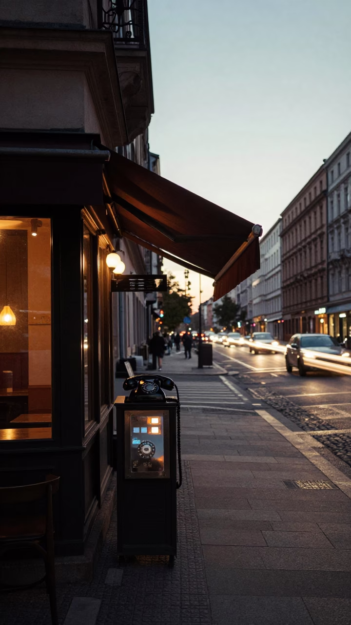 Berlin Dawn Street Scene with Vintage Bakelite Telephone and Succulent Living Wall in in Berlin, Germany
