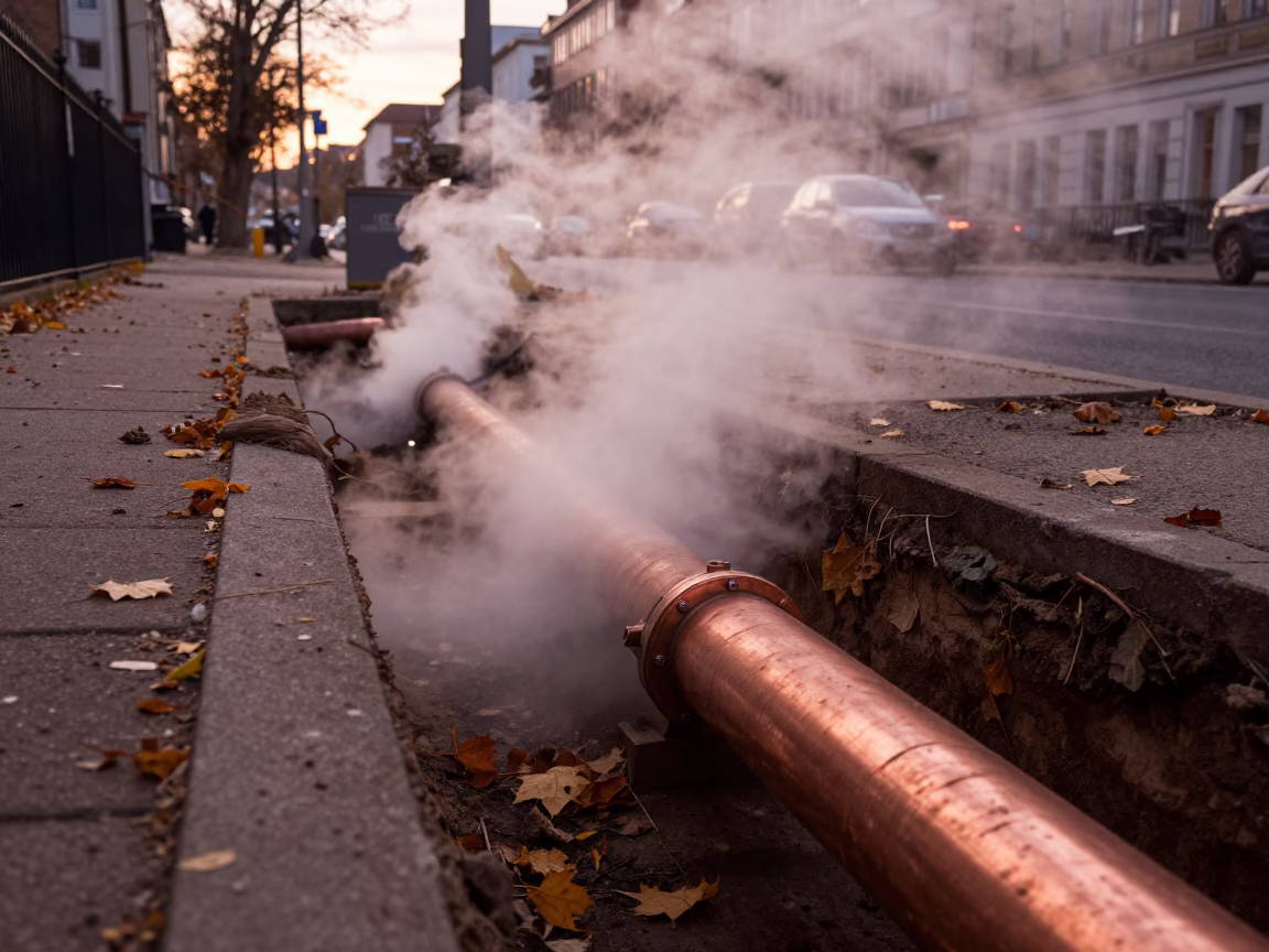 Berlin District Heating Pipe Trench Steaming Through Autumn Leaves Before Dusk in in Berlin, Germany